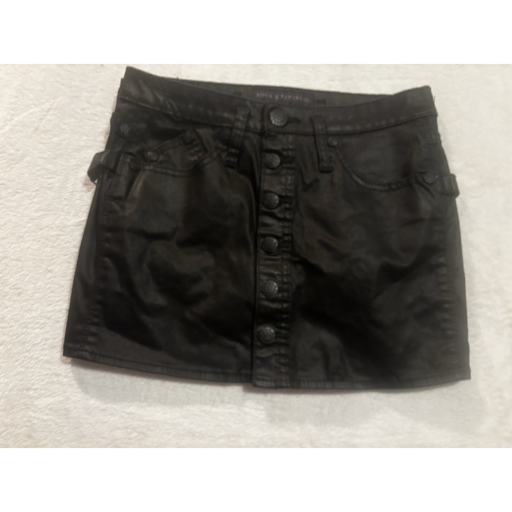 Rock & Republic Skirt Women's‎ 0 Faux Leather Snap Front Black Short Mini